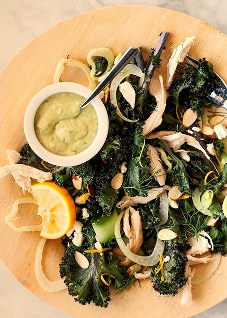 Roasted Kale and Fennel Salad with Avocado Caesar Dressing