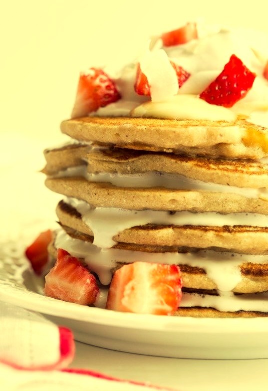 Easy Vegan and Gluten-Free Pancakes (Strawberry Shortcake w/ Whipped Cream)